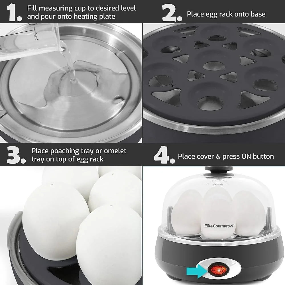 Rapid Egg Cooker 7 Egg Capacity Easy Peel Hard Medium Soft Boiled Auto Shut-Off Timer Omelet Maker 16 Recipe Included