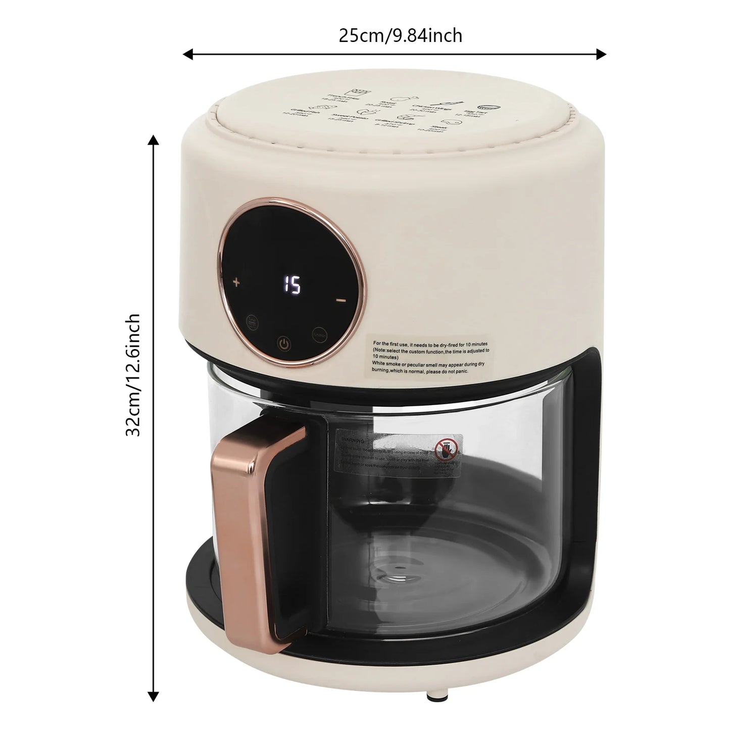 6-in-1 Functions Airy Fryer, 4.2L 1200W Glass Air Fryer, 360° Viewable, Digital Display, Adjustable Temp 80~200℃, White