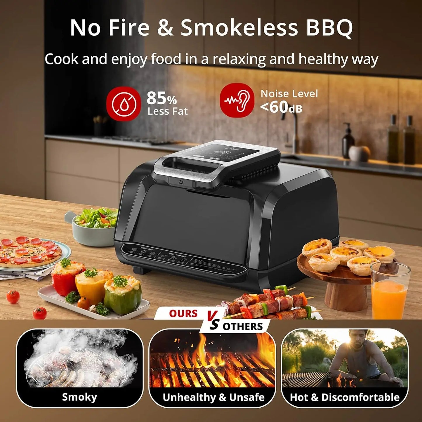 4QT 1750W Grill Air Fryer Combo with See-Through Window 7-in-1 Smokeless Electric Air Grill with Non-Stick Removable Plates