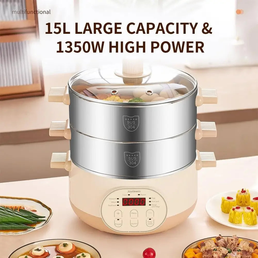 Electric Food Steamer 2-Tier Stainless Steel Vegetable Steamer 15L Large Capacity Fast Cooking Healthy Kitchen Appliance