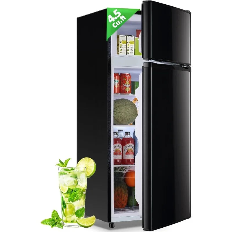 DEMULELR 4.5Cu.ft Small Mini Refrigerator with Freezer Black Two Door Mini Fridge with Crisper Drawer & Extra Drink Space