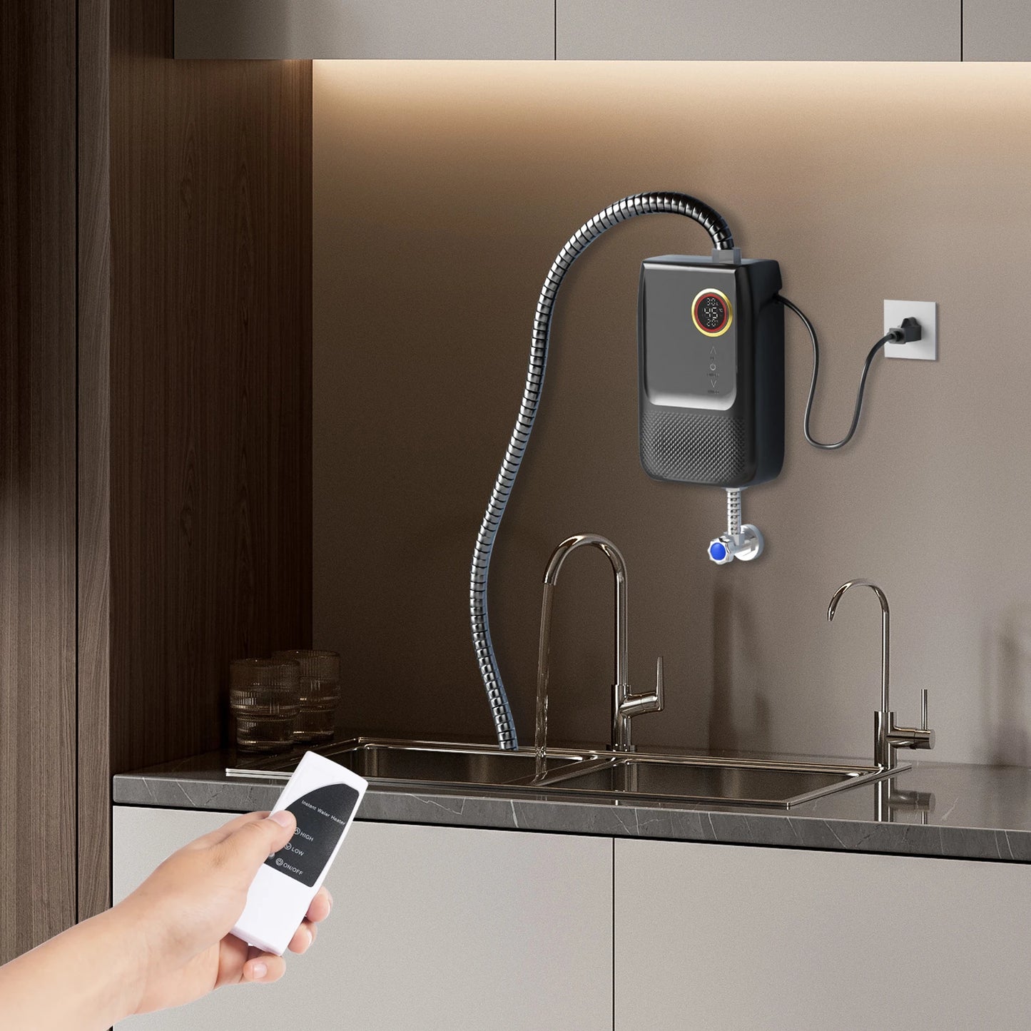 Wall Mounted Instant Small Electric Water Heater Energy Saving Remote Control Touch Button LED Display for Home and Kitchens