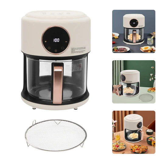 6-in-1 Functions Airy Fryer, 4.2L 1200W Glass Air Fryer, 360° Viewable, Digital Display, Adjustable Temp 80~200℃, White