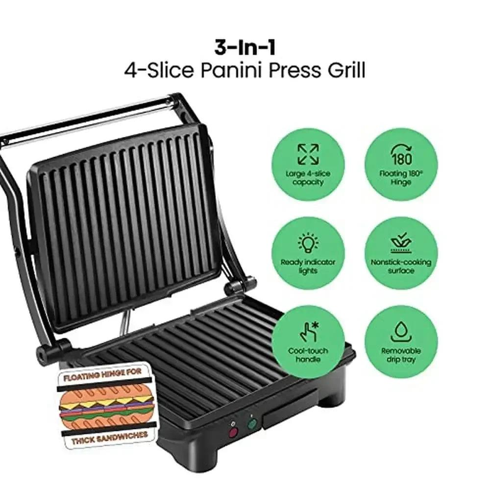 4-Slice Panini Press Grill Gourmet Sandwich Maker Stainless Steel Non-Stick Plates Opens 180 Degrees Any Food Compact Size Easy