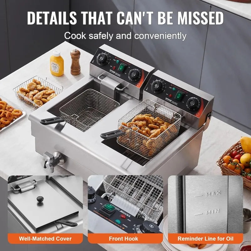 VEVOR Commercial Deep Fryer, Dual Tank 3000W Electric Countertop Fryer with Basket, 2 x 11.6Qt/11L Double Stainless Steel