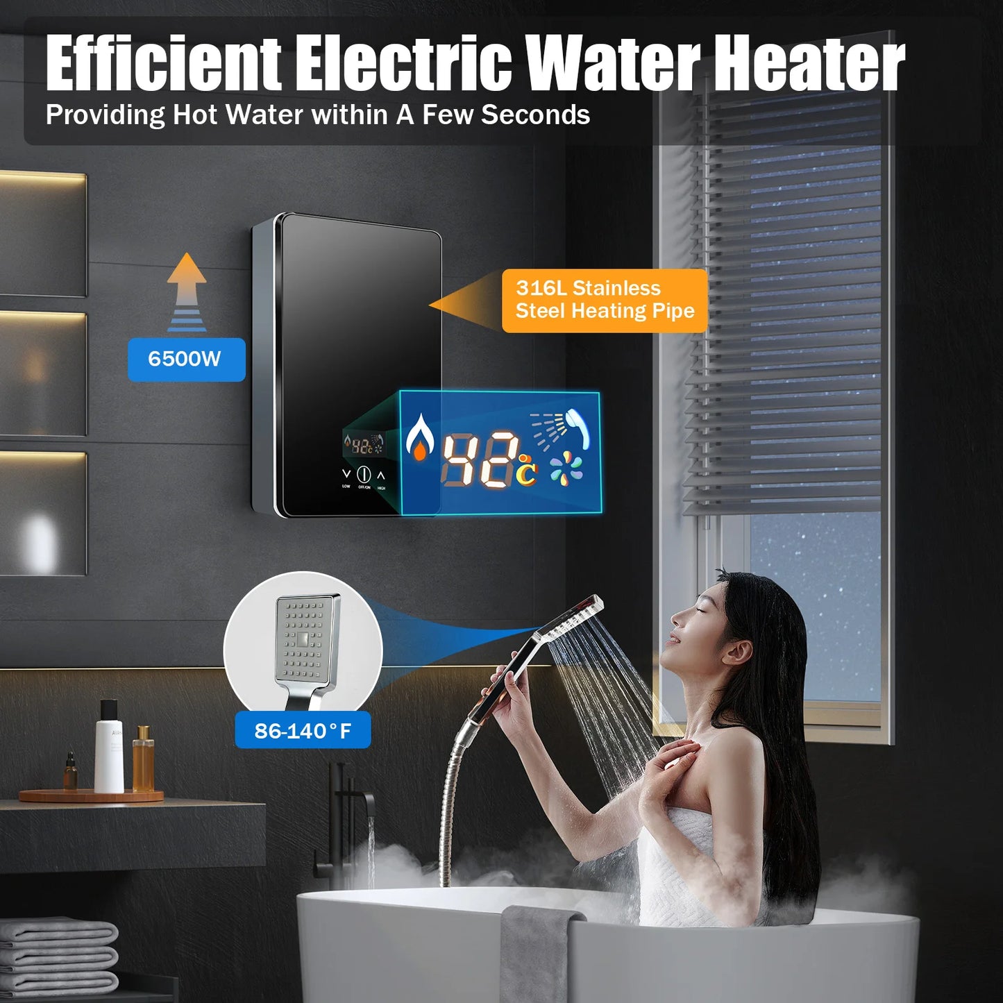 6500W Electric Water Heater Fast Heating 86-131℉ Thermostat Function Shower Kitchen Instant Heating Water Heater High Safety