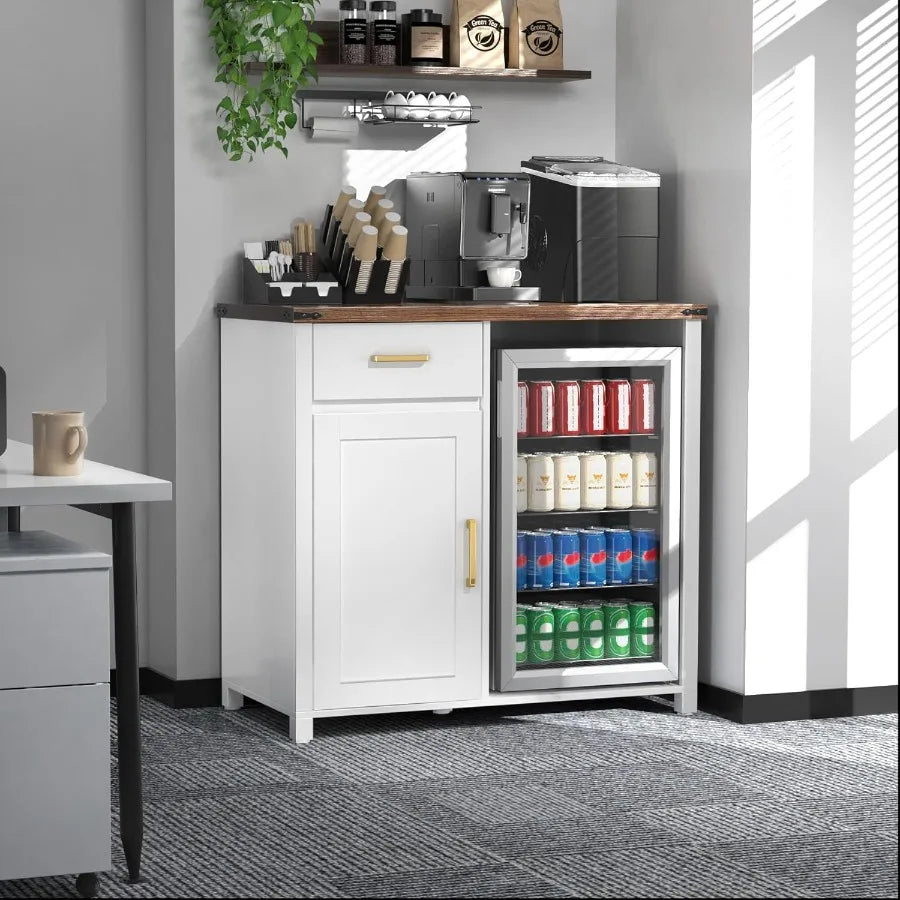 Compact Coffee Bar with Integrated Mini Fridge Cabinet Stand for Dorm Kitchen or Office Spaces 39.4 Wide X 20.9 Deep Tabletop U