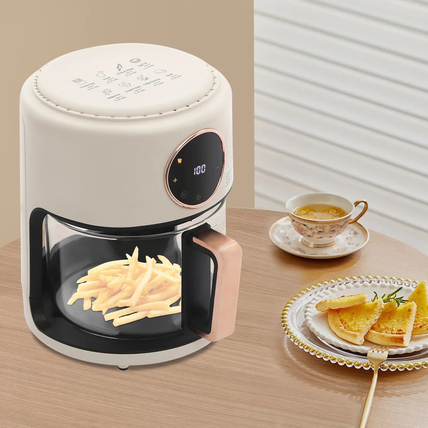 6-in-1 Functions Airy Fryer, 4.2L 1200W Glass Air Fryer, 360° Viewable, Digital Display, Adjustable Temp 80~200℃, White