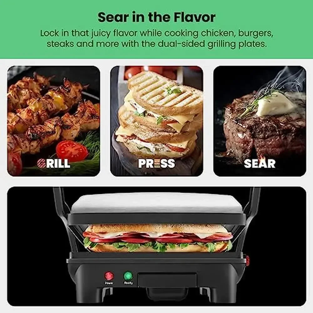 4-Slice Panini Press Grill Gourmet Sandwich Maker Stainless Steel Non-Stick Plates Opens 180 Degrees Any Food Compact Size Easy