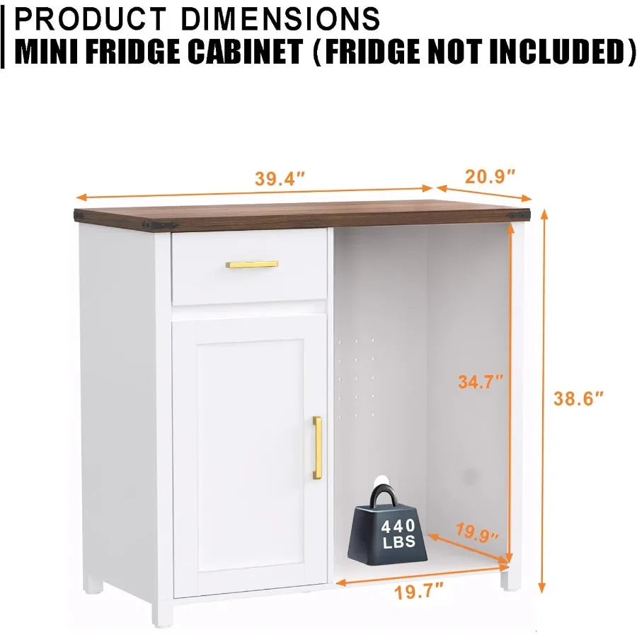 Compact Coffee Bar with Integrated Mini Fridge Cabinet Stand for Dorm Kitchen or Office Spaces 39.4 Wide X 20.9 Deep Tabletop U
