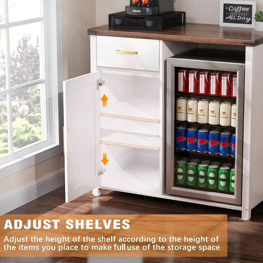 Compact Coffee Bar with Integrated Mini Fridge Cabinet Stand for Dorm Kitchen or Office Spaces 39.4 Wide X 20.9 Deep Tabletop U