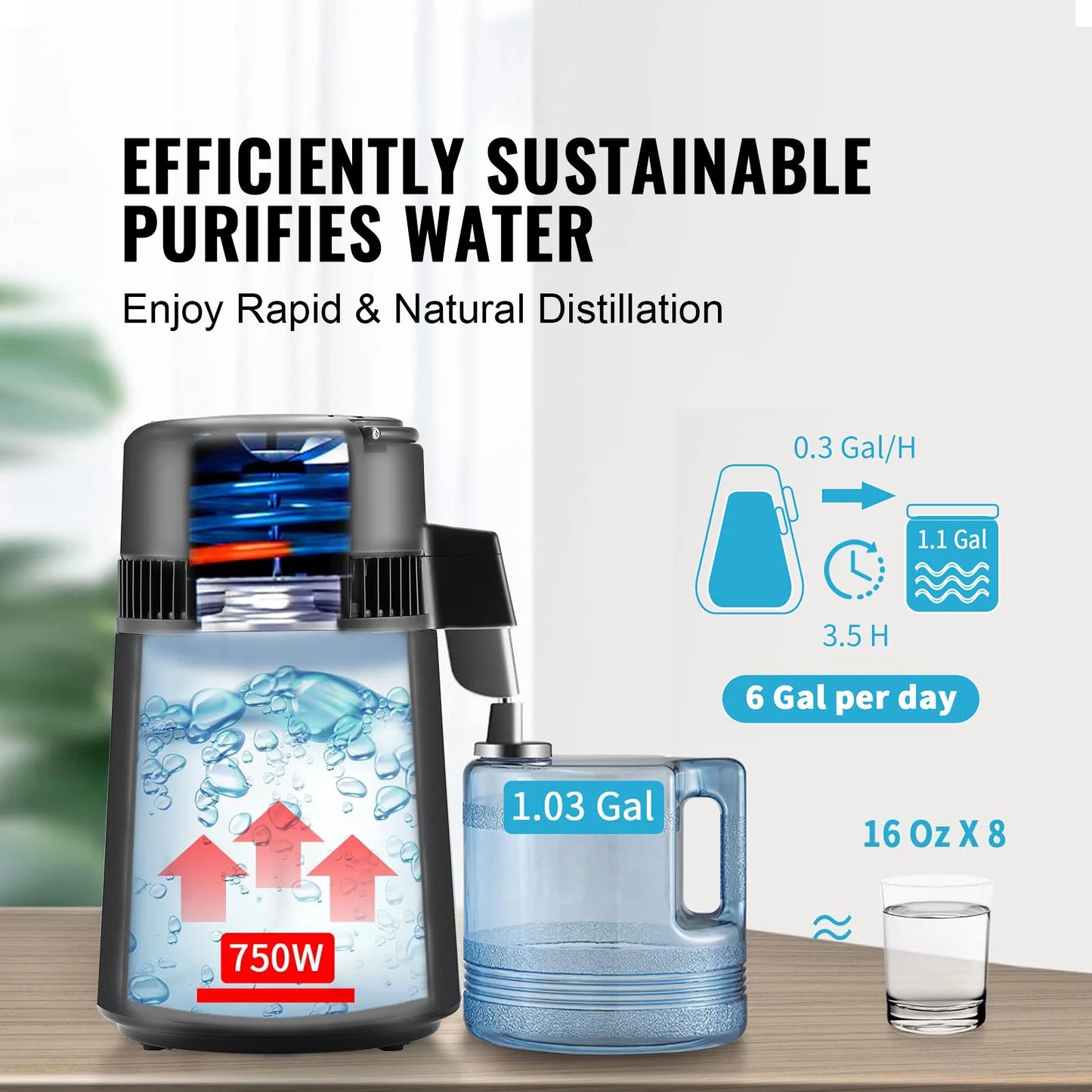 SucceBuy Water Distiller 4L 1.05 Gallon Pure Water Purifier Filter Countertop 750W Distilled Water MakerInterior Distiller