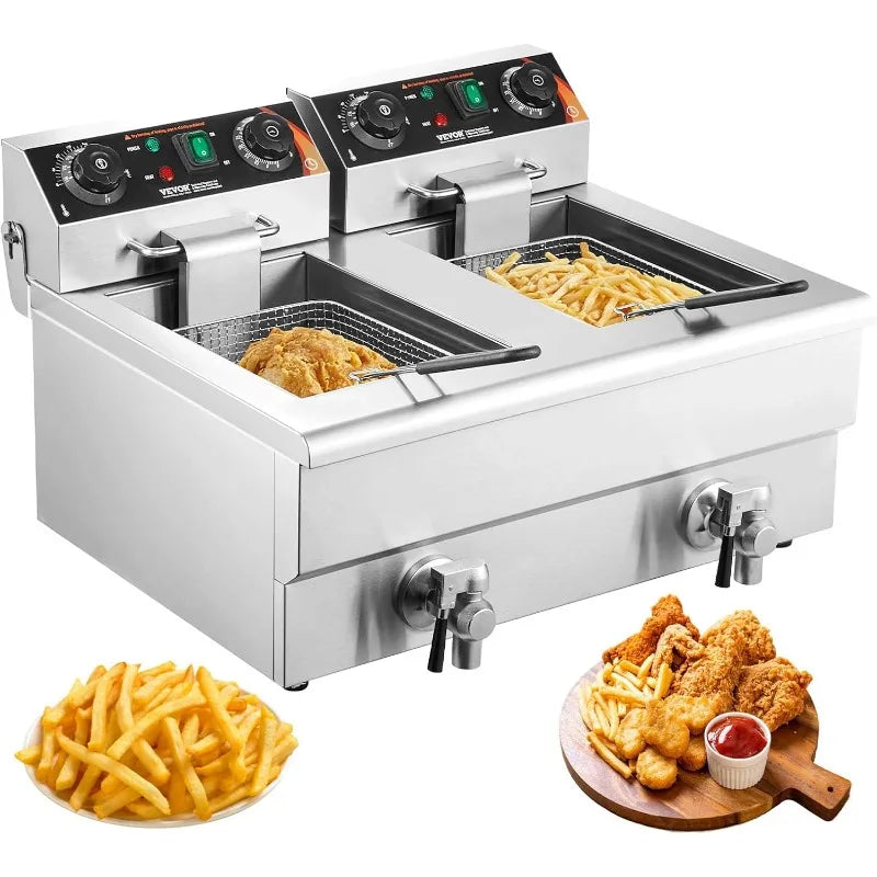 VEVOR Commercial Deep Fryer, Dual Tank 3000W Electric Countertop Fryer with Basket, 2 x 11.6Qt/11L Double Stainless Steel