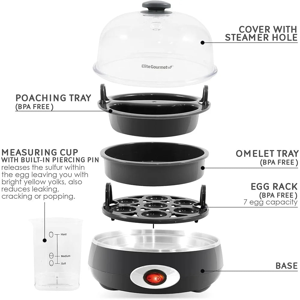 Rapid Egg Cooker 7 Egg Capacity Easy Peel Hard Medium Soft Boiled Auto Shut-Off Timer Omelet Maker 16 Recipe Included
