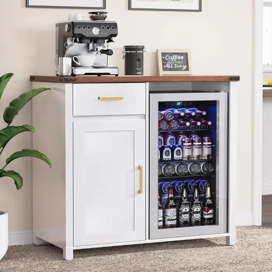 Compact Coffee Bar with Integrated Mini Fridge Cabinet Stand for Dorm Kitchen or Office Spaces 39.4 Wide X 20.9 Deep Tabletop U