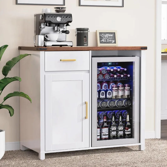 Compact Coffee Bar with Integrated Mini Fridge Cabinet Stand for Dorm Kitchen or Office Spaces 39.4 Wide X 20.9 Deep Tabletop U