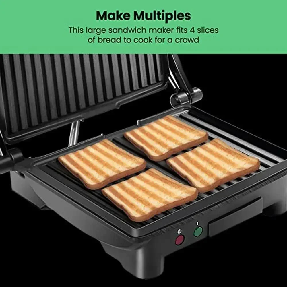 4-Slice Panini Press Grill Gourmet Sandwich Maker Stainless Steel Non-Stick Plates Opens 180 Degrees Any Food Compact Size Easy