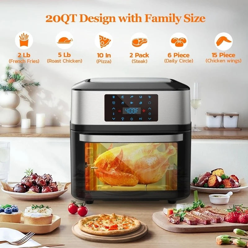 Air Fryer Oven Large 20 QT, 10-in-1 Toaster Oven Air Fryer Combo with Window for Family, Airfryer Oven with Rotisserie, 3 Dehydr