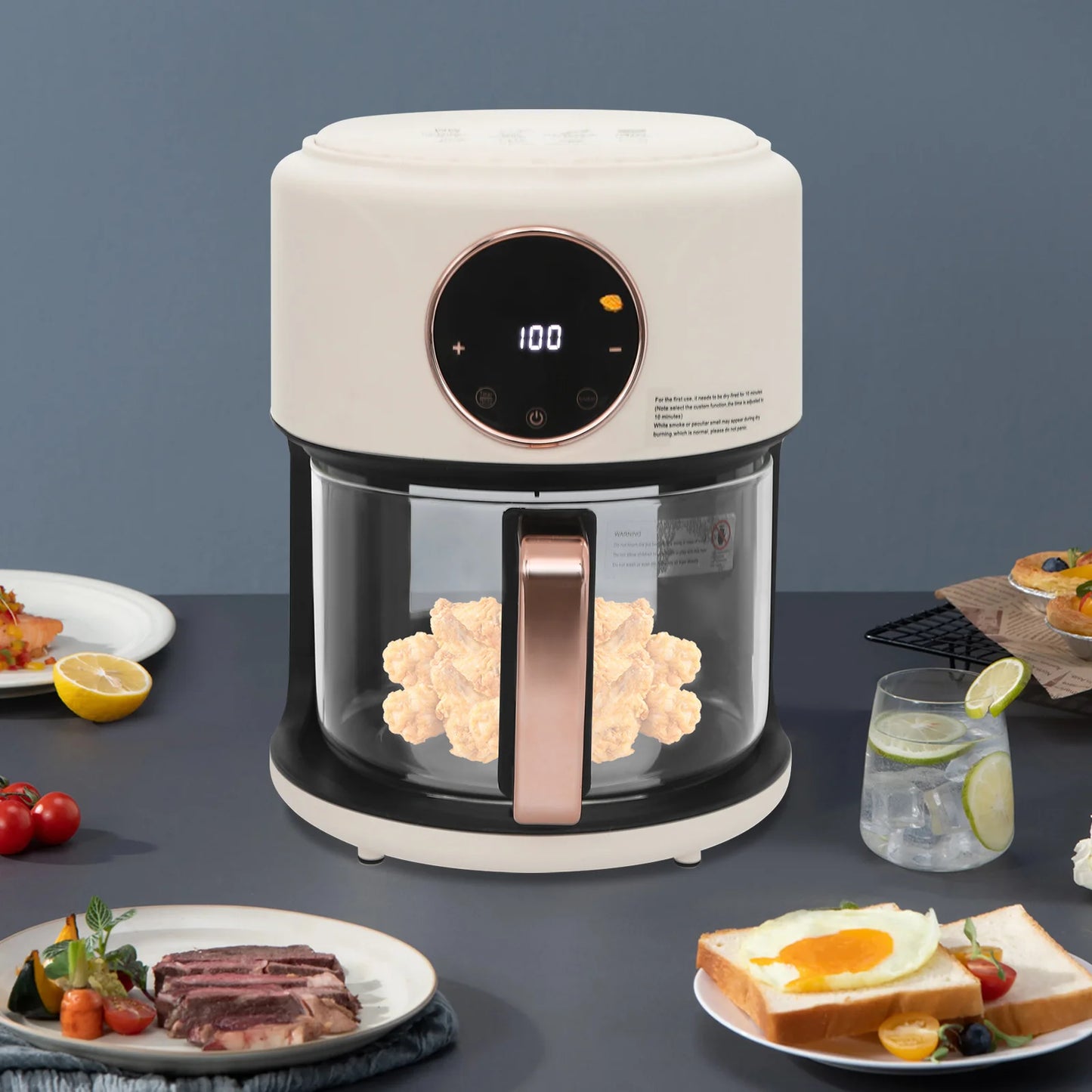 6-in-1 Functions Airy Fryer, 4.2L 1200W Glass Air Fryer, 360° Viewable, Digital Display, Adjustable Temp 80~200℃, White