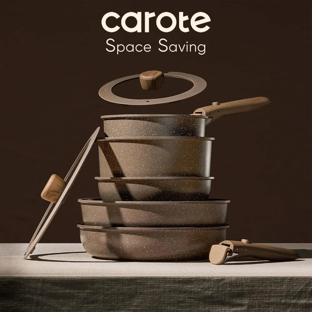 CAROTE 17-Piece Non-Stick Pots and Pans Set with Removable Handles, Cookware Set for Kitchen, Oven and Dishwasher Safe