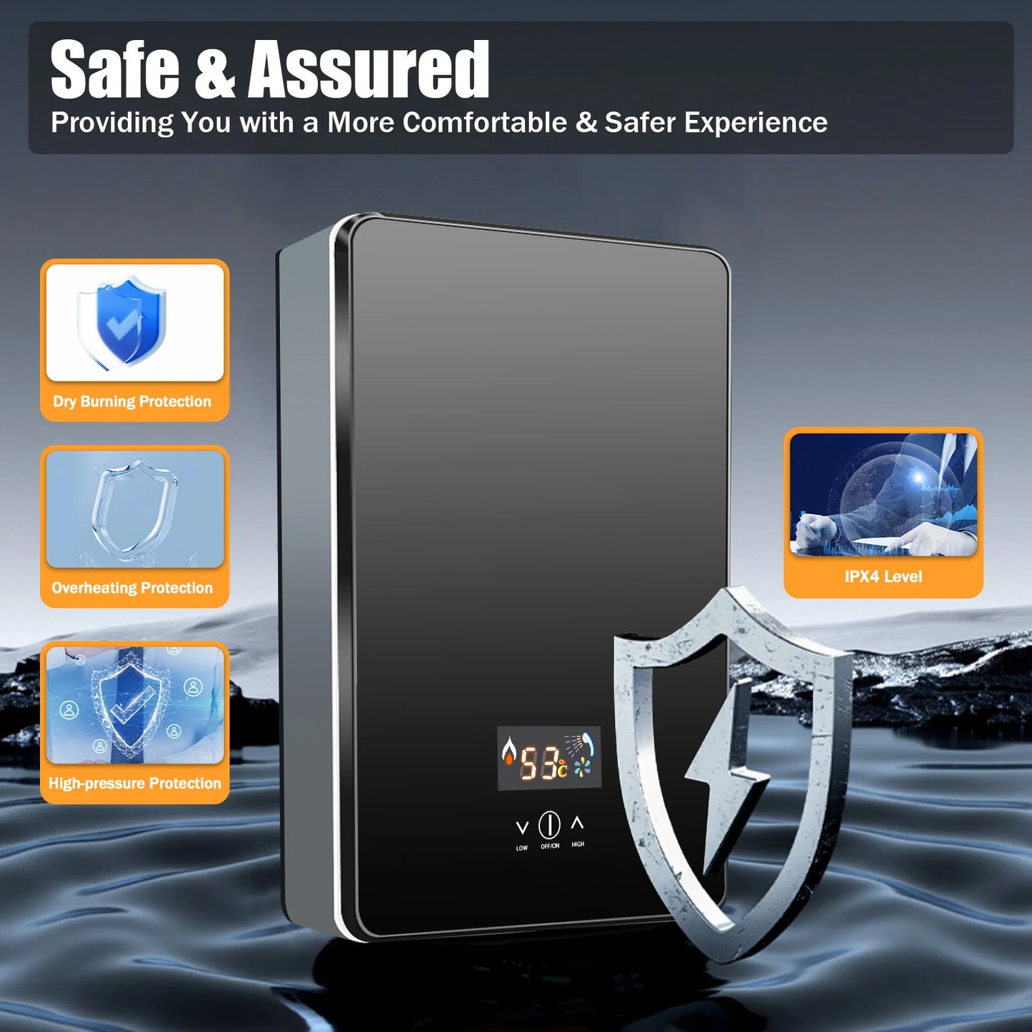 6500W Electric Water Heater Fast Heating 86-131℉ Thermostat Function Shower Kitchen Instant Heating Water Heater High Safety