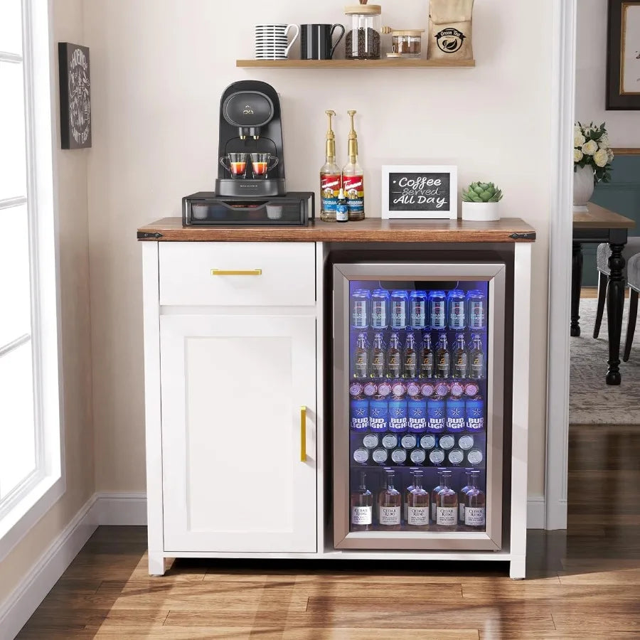 Compact Coffee Bar with Integrated Mini Fridge Cabinet Stand for Dorm Kitchen or Office Spaces 39.4 Wide X 20.9 Deep Tabletop U