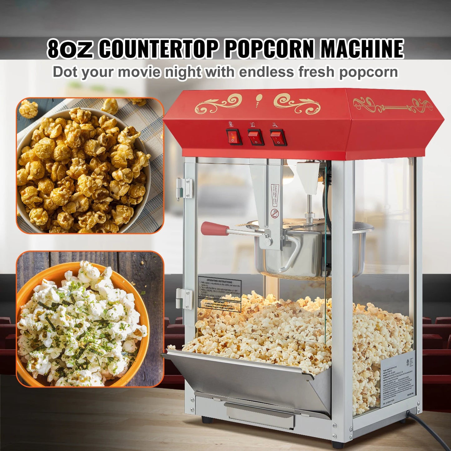 SucceBuy 8/12Oz Electric Popcorn Maker Commercial Popper Machine  Automatic Corn Cookware with Scoop Spoon SUS304 Heating Tube
