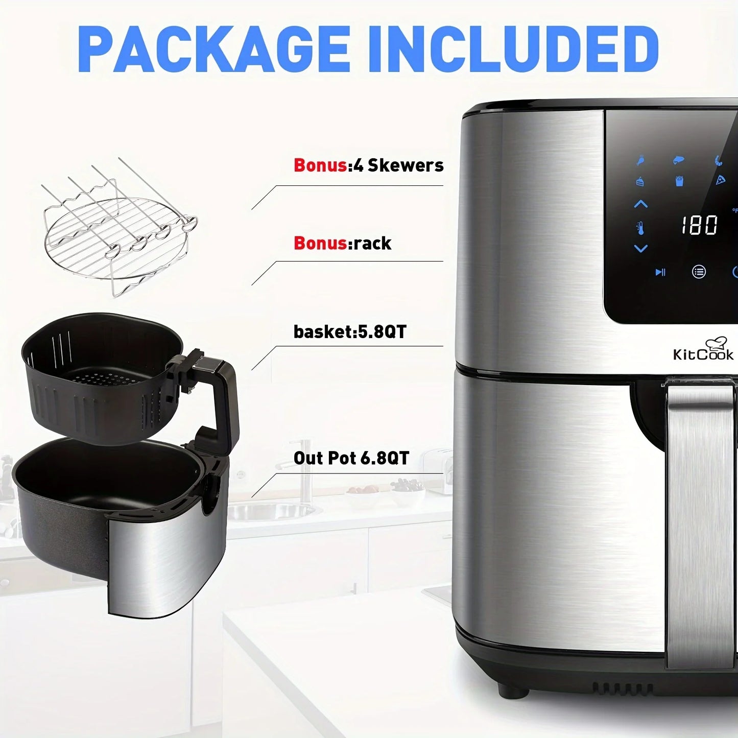 1PC KitCook Large Air Fryer XL, 1500W 120V 6.8QT Stainless Steel Air Fryers Oven, Nonstick Basket, LED Touch Screen